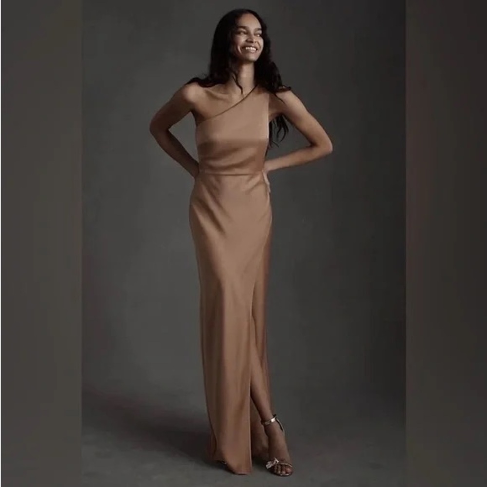 BHLDN Dylan One-Shoulder Satin Side-Slit Gown